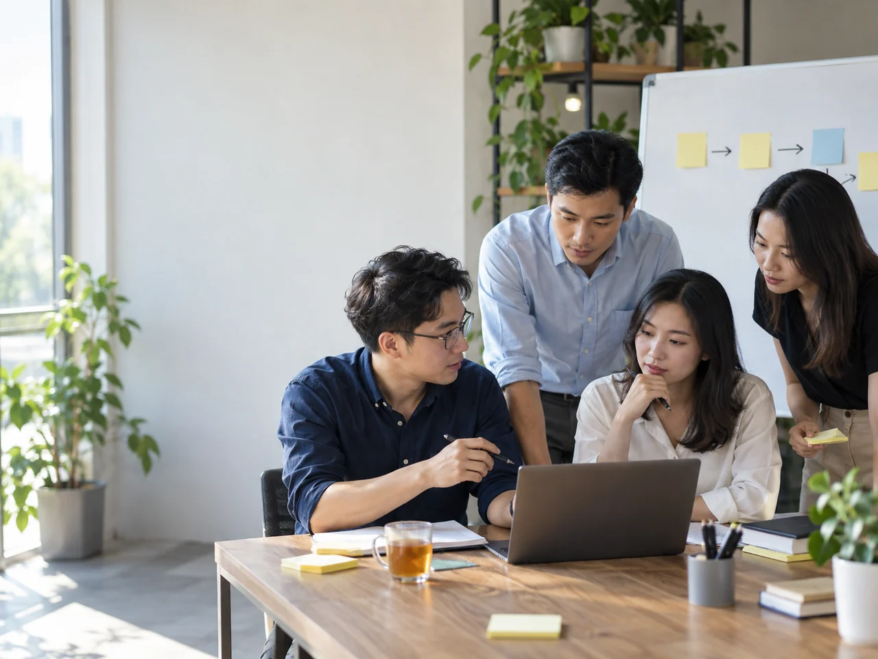 Đội ngũ nhỏ bắt đầu buổi rà soát công việc quanh bàn