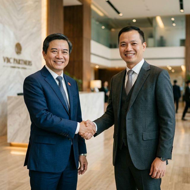 Hai người trao đổi kế hoạch hợp tác trên bàn